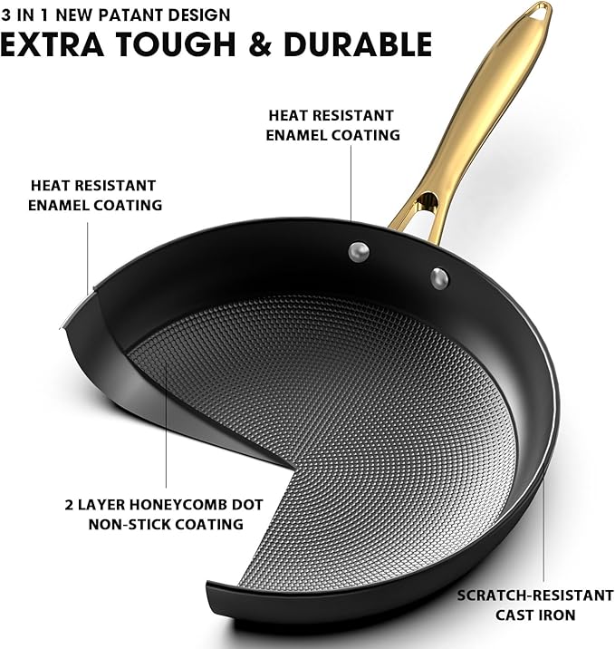 Non Stick Frying Pans – 10 Inch Honeycomb Skillet with Stay-Cool Stainless Steel Handle, Scratch Resistant, Induction Compatible Nonstick Frying Pan for Gas, Electric, Ceramic, Oven & Dishwasher Safe