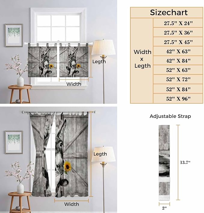 Funny Farm Animals Kitchen Curtains 36 Inch Length, Small Window Curtains Tab Top, Vintage Barn Grey Sunflowers Light Filtering Short Window Treatments Tier Drapes 27.5"x36" 2 Panel