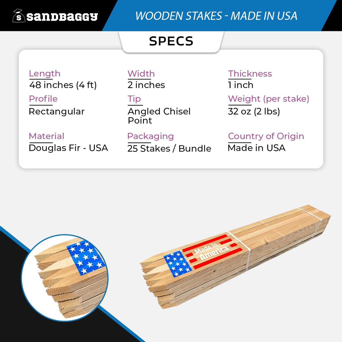Sandbaggy 48" Wooden Grading Stakes - Heavy Duty for Construction, Gardening, Surveying, Concrete Forms - Chisel Point, Douglas Fir Wood - Made in The USA (2100 Stakes - 2 Pallets)
