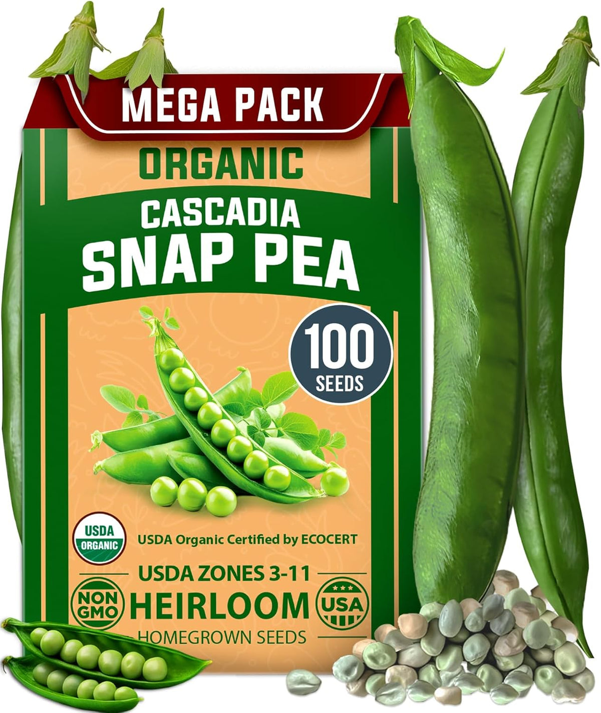 HOME GROWN - Snap Pea Seeds for Planting - Organic, Heirloom Cascadia Variety - 100 Non-GMO Vegetable Seeds - Cool Season Crop for Containers - Sweet Flavor, Fast Germination (Pisum sativum)