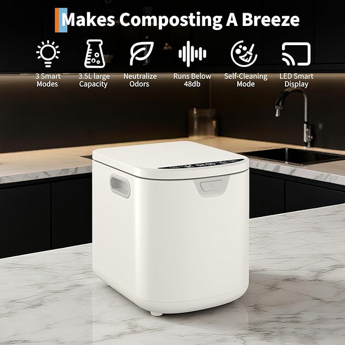 3.5L Electric Composter Countertop, 3 Modes Kitchen Smart Compost Bin with Auto Cleaning, LED Display, Turns Kitchen Waste Into Dry Manure, Low Noise Food Waste Compost Machine
