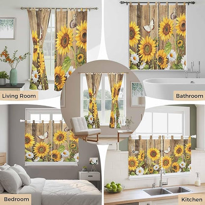 Farmhouse Sunflowers Bathroom Curtains 63 Inch Length, Window Curtains Tab Top, Rustic Floral Buttterfly Wood Board Brown Light Filtering Window Treatments Drapes 52"x63" 2 Panel