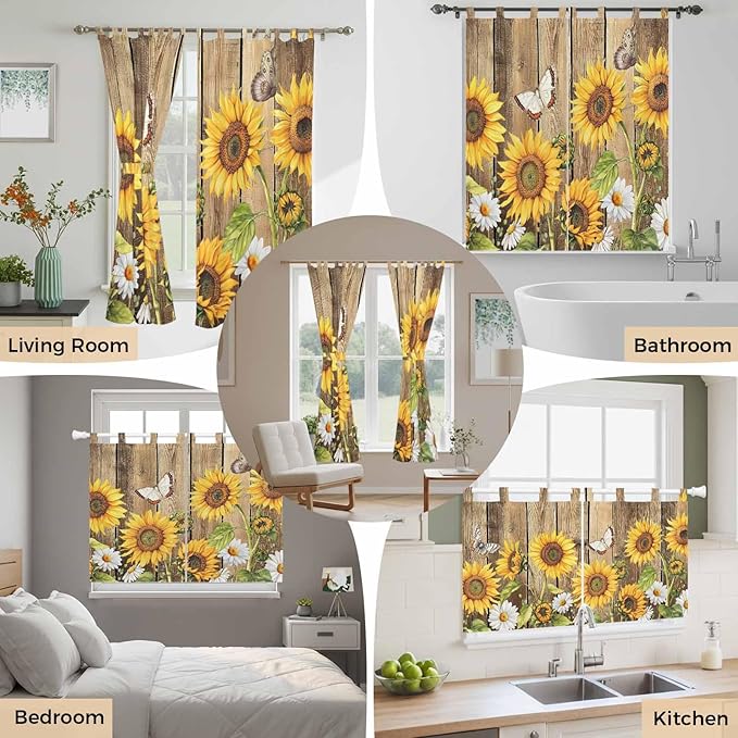Farmhouse Sunflowers Kitchen Curtains 24 Inch Length, Small Window Curtains Tab Top, Rustic Floral Buttterfly Wood Board Brown Light Filtering Short Window Treatments Tier Drapes 27.5"x24" 2 Panel