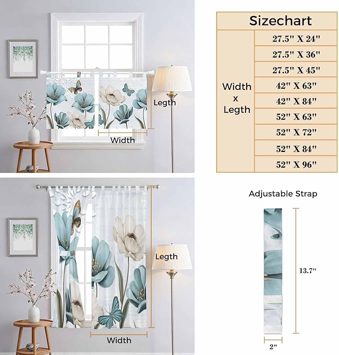 Blue Tulips Kitchen Curtains 45 Inch Length, Short Cafe Window Curtains Tab Top, Watercolor Flowers Butterfly Spring Farmhouse Blue Light Filtering Window Treatments Tier Drapes 27.5"x45" 2 Panel