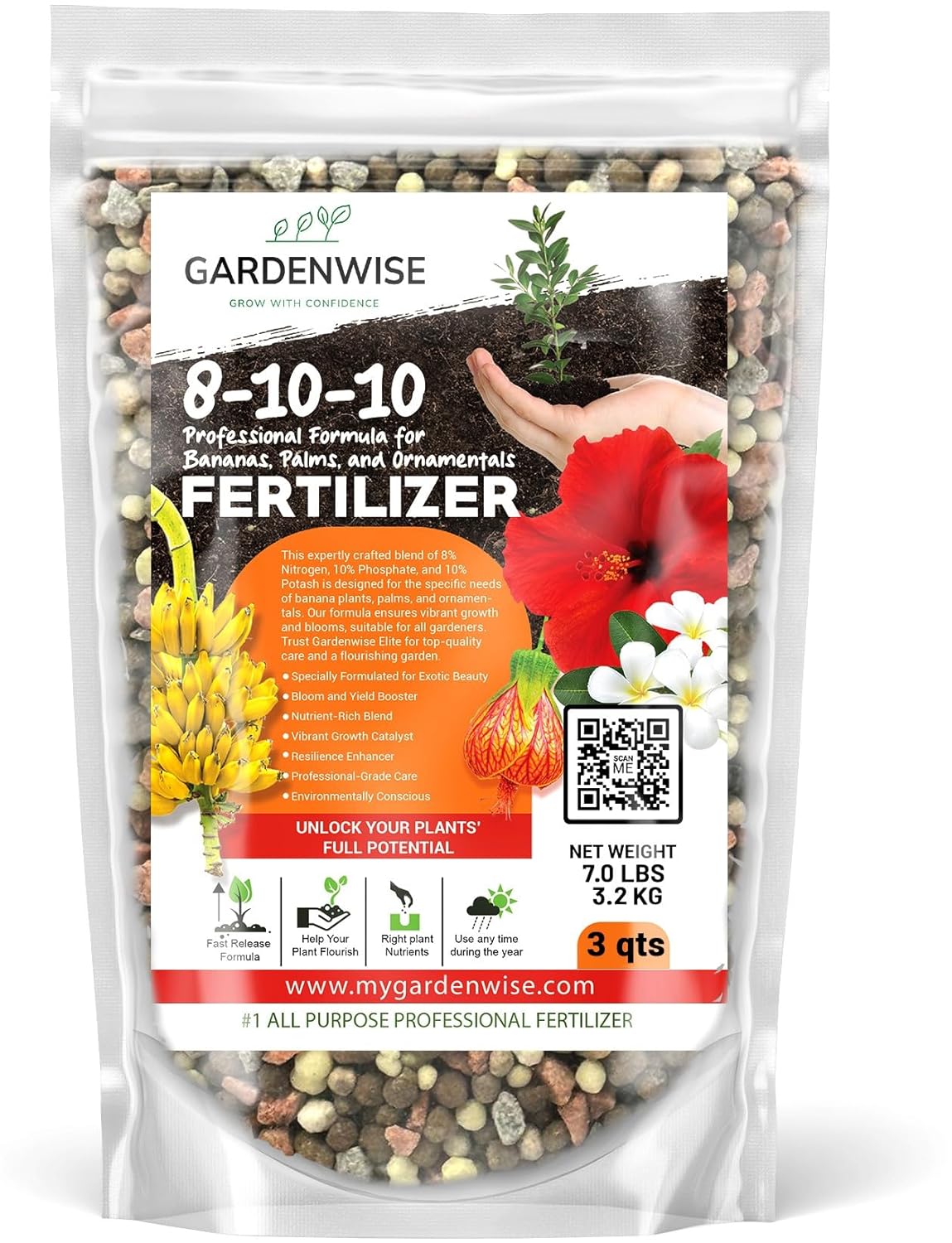 Elite 8-10-10 Professional Fertilizer for Banana, Flowering, and Fruit Trees, Ornamentals - Boosts Flowering & Fruiting - for Indoor & Outdoor Plants (3 QUARTS)