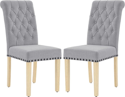 LOULENS Fabric Dining Chairs Set of 2, Modern Linen Upholstered Parson Chairs with Button Tufting and Solid Wood Legs for Kitchen & Dining Room, Light Gray
