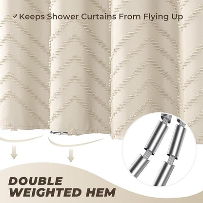 Beige Boho Shower Curtain 72 x 72 Modern Farmhouse Shower Curtain Bohemian Chic Tufted Chevron Textured Striped Minimalist Shower Curtains Woven Fabric Beige Shower Curtains
