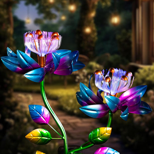 Solar Wind Spinners Blue Twin Flowers for Yard and Garden, Solar Windmill Garden Whirligig Kinetic Spinners Decor for Lawn, Patio, Yard, Metal Wind Outdoor Sculpture