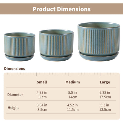 SURE YUESI Ceramic Plant Pots Set of 3, Indoor Outdoor Planters with Drainage Hole and Saucer, Ceramic Flower Pots for Indoor Plants, 4.3+5.5+6.8 Inch, Home, Garden, Patio and Office, Matte Green