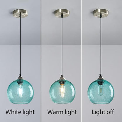 Light Blue Glass Pendant Lights Kitchen Island Lighting Globe Pendant Light Fixtures Modern Pendant Lighting for Bedroom Living Dining Room Light Fixture (7.87 in, 1 Pack)