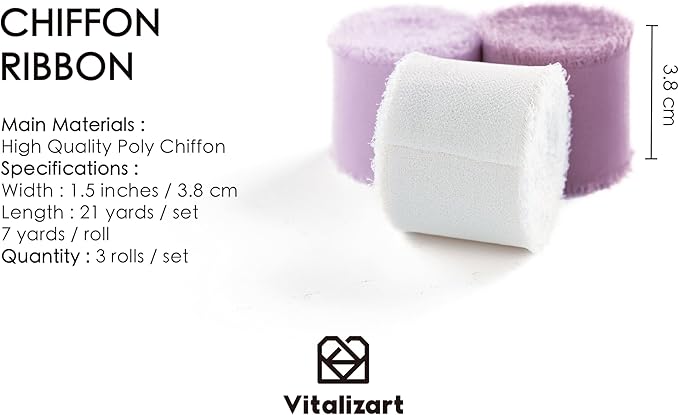 Vitalizart Chiffon Silk Ribbon Handmade Fringe 1.5" x 21 Yd Lavender Light Purple Lilac Frayed Edges Ribbons for Wedding Invitations Bridal Bouquets Gifts Wrapping Crafts Holiday Party Decorations