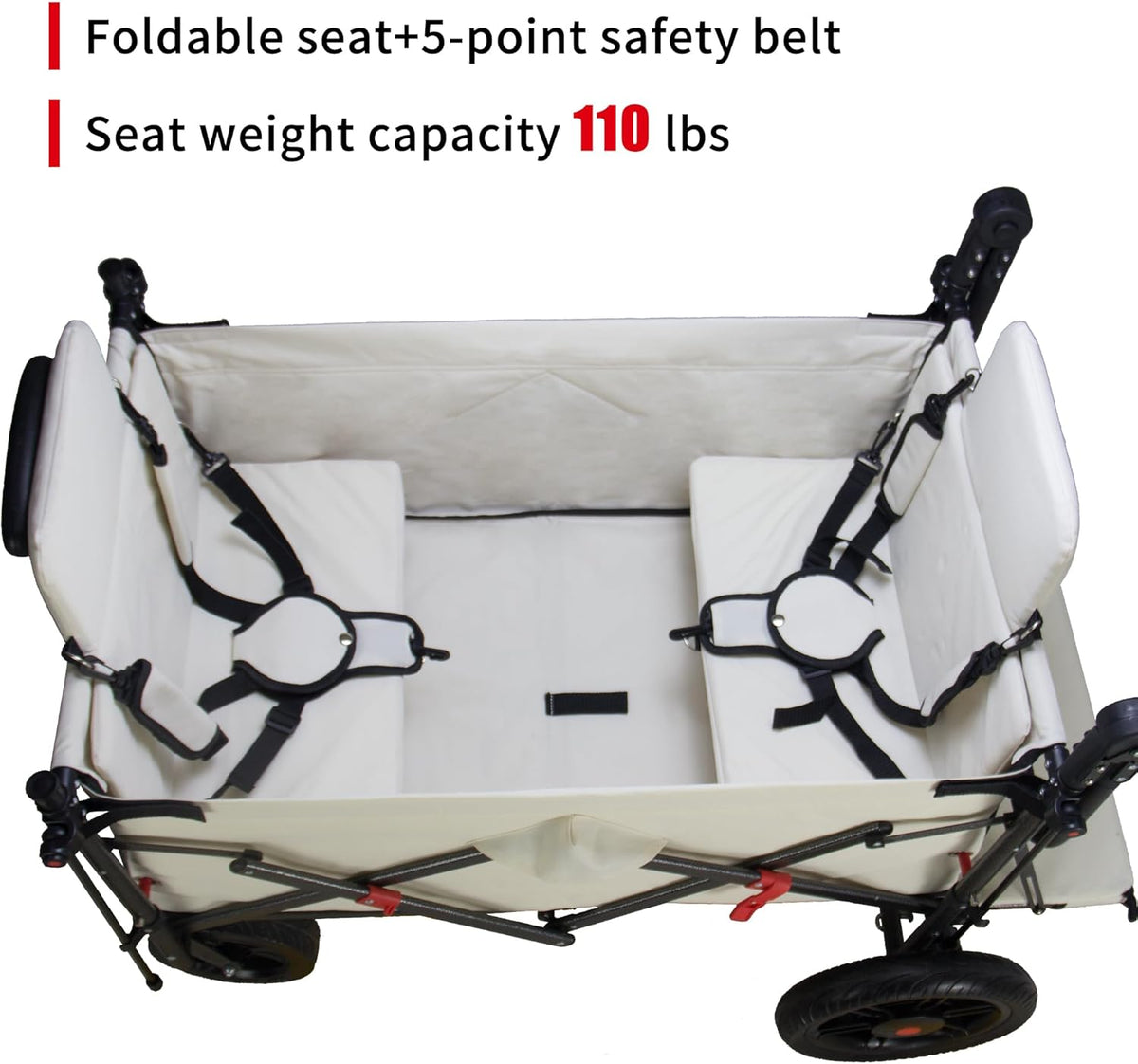 TMZ Collapsible Foldable Wagon Cart with Quick-Release Wheels and 2 Seats, Heavy Duty Wagon 265LBS Load Capacity for Camping Garden Shopping (Beige)