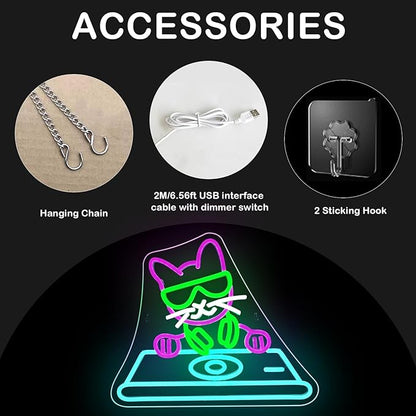 Cool DJ Cat Neon Sign – LED Wall Light for Bedroom, Game Room, Music Studio, or Bar, USB Powered, Dimmable, 14.9"x12.6"