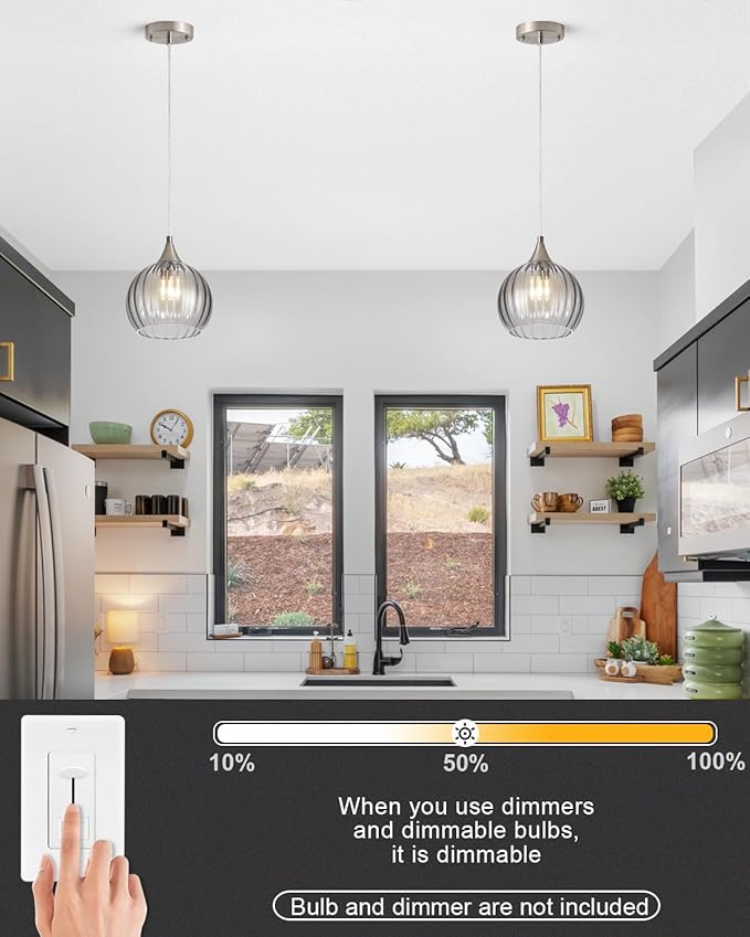 Brushed Nickel Pendant Lights Kitchen Island, Globe Pendant Light Fixtures with 8 Inch Clear Glass Shade, Modern Hanging Light Fixtures for Kitchen, Bedroom (2 Pack - Gray Glass Pendant Light)