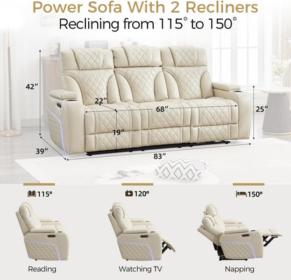Power Recliner Sofa with Adjustable Headrest, Wireless Charger for Living Room, Electric Reclining Couch with LED Lights, Faux Leather 3 Seaters with Recliner,Home Theater Seating w/ LED Lights,Beige