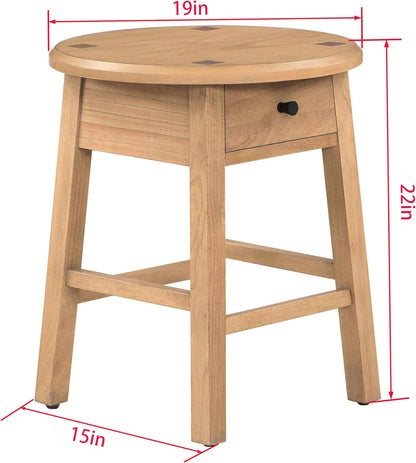 Solid Rubberwood Round Side Table with Drawer, Natural Oak Painted Finish Sofa End Table & Nightstand for Living Room, Bedroom