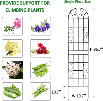 6 Pack Metal Garden Trellis 86.7" Tall Outdoor Climbing Plant Support for Roses, Flowers, Rustproof Durable Black Galvanized Tube, Lawn Garden Fence Decor Screen, 86.7" H