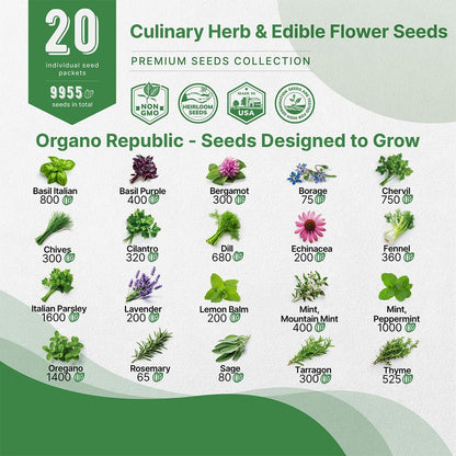 20 Culinary Herbs & Edible Flower Seed Variety Pack for Planting Indoor & Outdoors. 9500+ Non-GMO Heirloom Flower Seeds: Basil, Borage, Echinacea, Lavender, Oregano, Rosemary Seeds & More