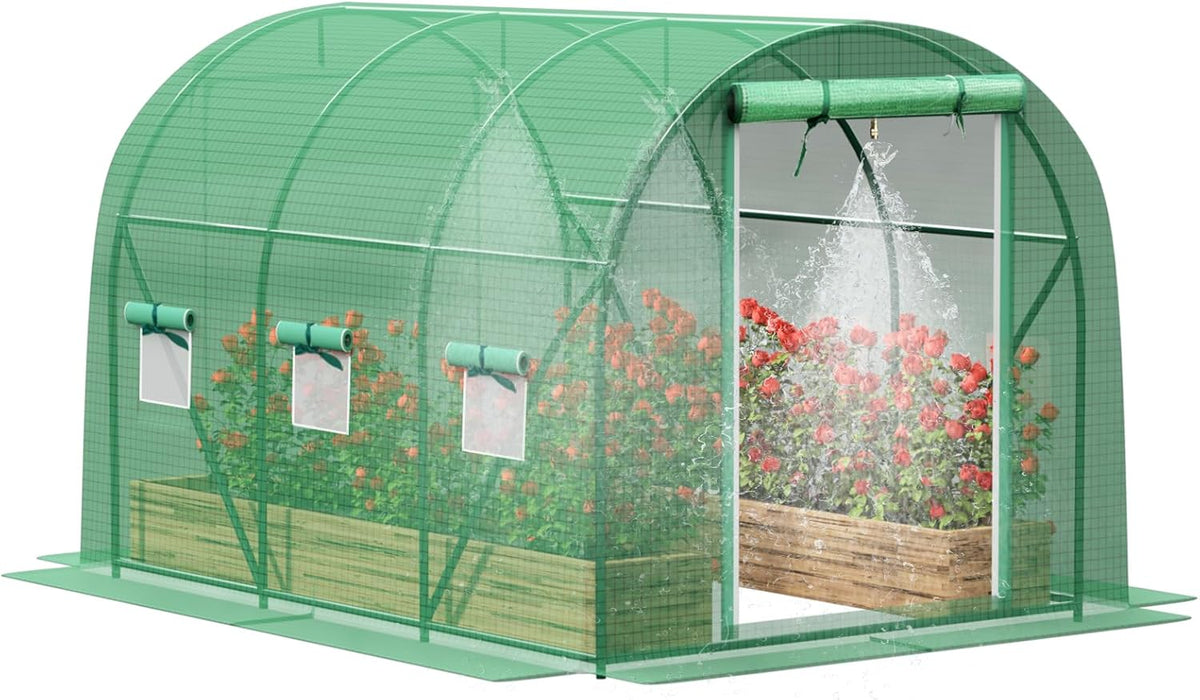 Greenhouse with Watering System, 10x7x7 Outdoor Greenhouse with 6 Mesh Windows and 1 Door, Easy Water and Irrigate Plants Green House (Green, 10x7x7 ft w/ Irrigation System)