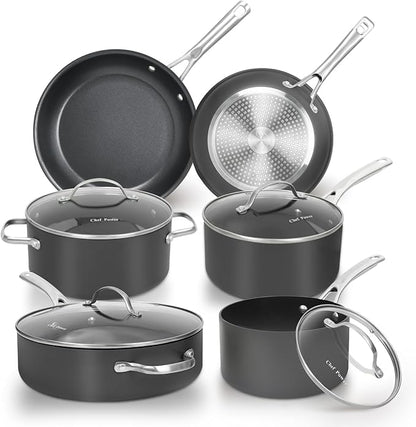 Chef Power Hard Anodized Nonstick Cookware Sets 10 Piece with Stainless Steel Handle, Pots and Pans Set Non Stick, Kitchen Induction Cooking Sets, Dishwasher Safe, Oven Safe, Essential