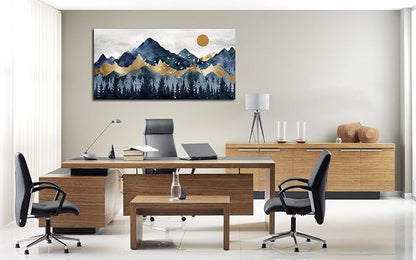 Abstract Nordic Canvas Wall Art - Indigo Blue and Brown Mountain Forest Picture Wall Decor Sun Birds Canvas Painting Nature Landscape Prints Artwork for Living Room Bedroom Decoration 24" x 48"