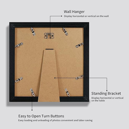 10x10 Picture Frame Set of 4 with HD Glass, Black Frames Display 8x8 Picture with Mat or 10 x 10 Without Mat, Photo Frames for Tabletop Display and Wall Mounting
