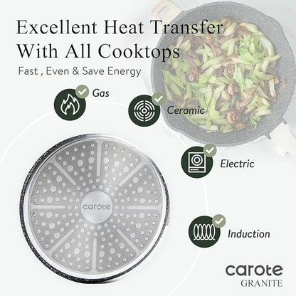 CAROTE 10Inch Nonstick Deep Frying Pan with Lid, 4.5 Qt Jumbo Cooker Saute Pan with Pour Spout, Skillet Induction Cookware, Non Stick Cooking Pan PFOA Free, Classic Granite