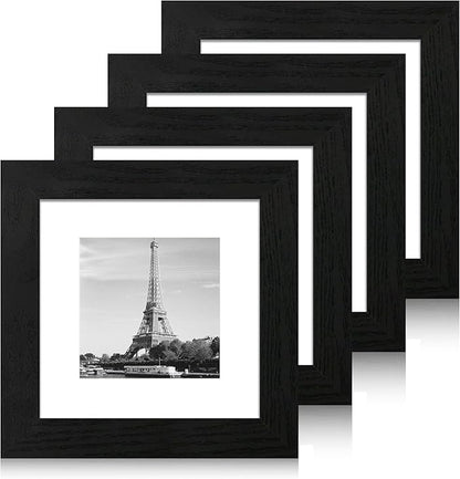 6x6 Picture Frame Set of 4 with High Definition Glass, Black Frames Display 4x4 Picture with Mat or 6 x 6 Without Mat, Square Wood Photo Frame for Wall Mount and Tabletop Display