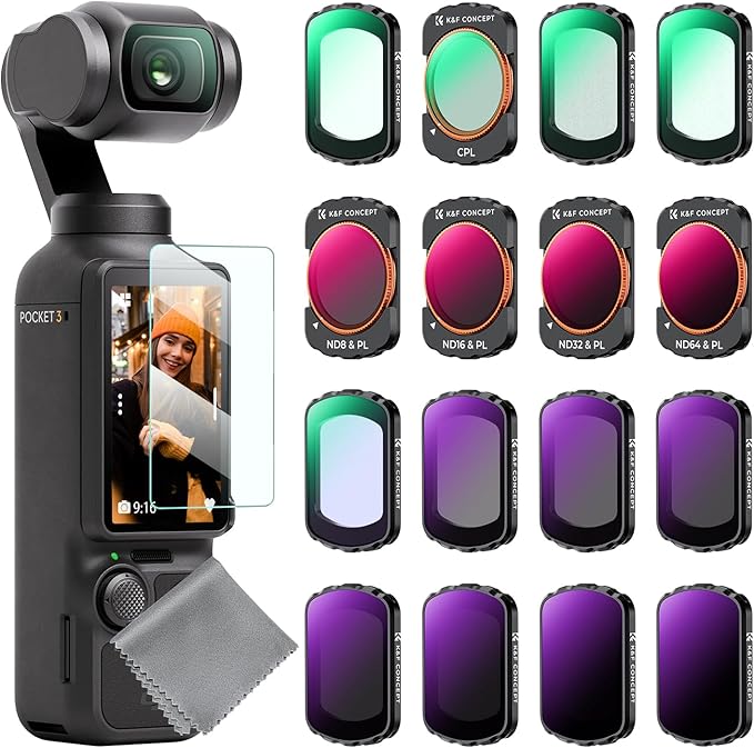 K&F CONCEPT ND, ND/PL, Effect Filter for DJI Osmo Pocket 3, 16Pack Black Diffusion 1/4 1/8 UV CPL ND32/PL ND16/PL ND8/PL ND64/PL ND8 ND16 ND32 ND64 ND128 ND256 ND1000, Light Pullution Reduction Filter