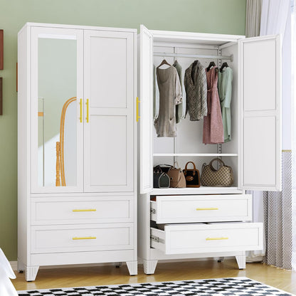 RIETERN Metal Armoire Wardrobe Closet, 71" Tall Bedroom Closet with Mirror | 2 Drawers, Adjustable Shelves, and Hanging Rod, Steel clothes closets and Storage, for Bedroom White