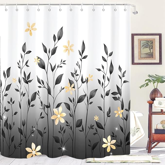 Eucalyptus Shower Curtain, Ombre Floral Leaves Plant Washable Fabric Bath Decor with 12 Hooks 72x72 inches, Black