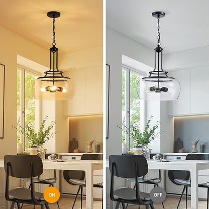 WUZUPS Chandelier Rustic Farmhouse Industrial Round Ceiling Pendant LED Light Fixture Clear Seeded Glass Shade for Dining Room Kitchen Island Foyer Entryway, H 20.9" x W 15.9", Black