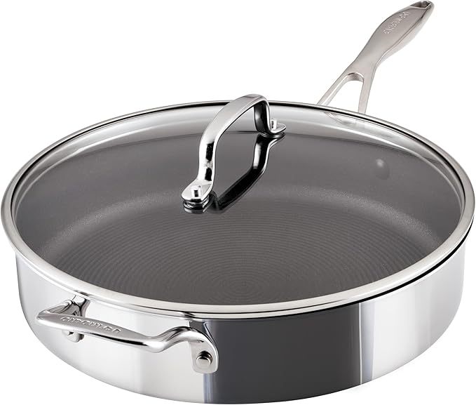 Circulon C1 Series Clad Stainless Steel with ScratchDefense Technology Cookware Nonstick Induction Saute Pan with Lid and Helper Handle, Metal Utensil Safe, 5 Quart - Polished Stainless Steel