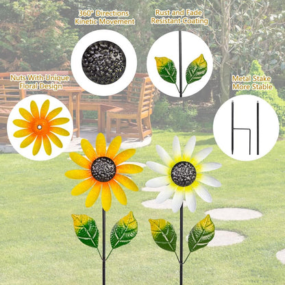 2Pack Garden Wind Spinners,Metal Wind Sculptures Outdoor Windmill Flower Pinwheel Decorations for Yard Lawn Patio Decor(Yellow and White)