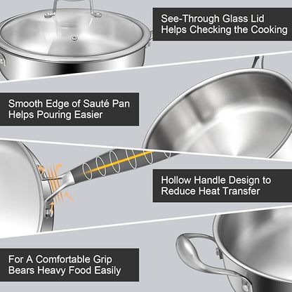 EWFEN 12 Inch Tri-Ply Stainless Steel Frying Pan, 5-Quart Deep Saute Pan with lids, PFOA&PTFE Free Skillet, Induction Cooking Pan, Dishwasher&Oven Safe,Works on All Cooktops