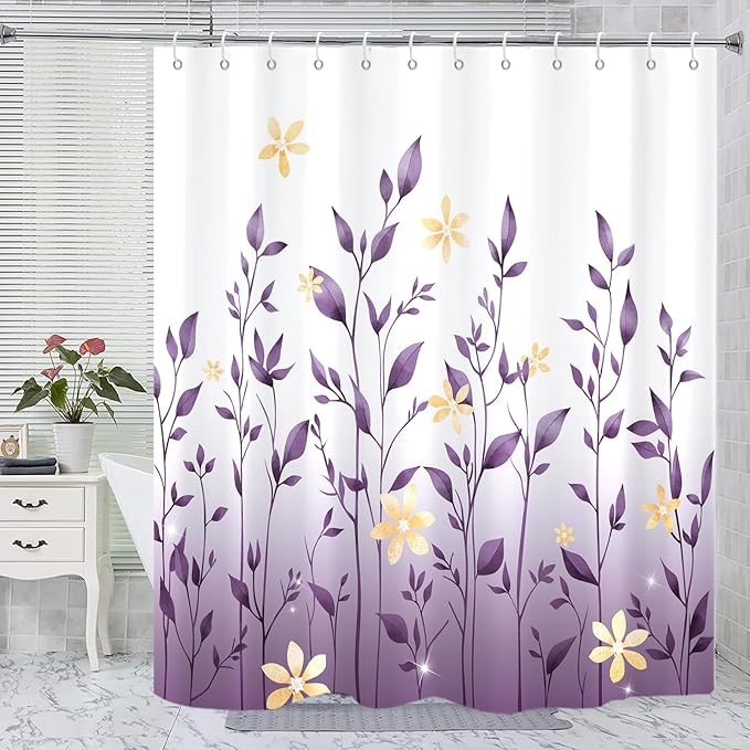 Eucalyptus Shower Curtain, Ombre Floral Leaves Plant Washable Fabric Bath Decor with 12 Hooks 72x72 inches, Lavender