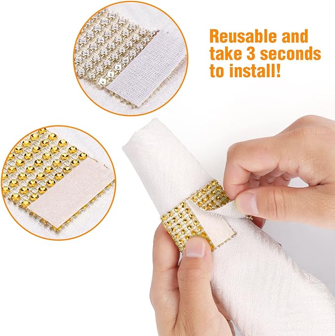 Bling Napkin Rings Set of 150, Rhinestone Gold Napkin Rings Diamond Adornment Napkin Holder Bulk for Wedding, Dinner, Party, Table Decorations, Gold