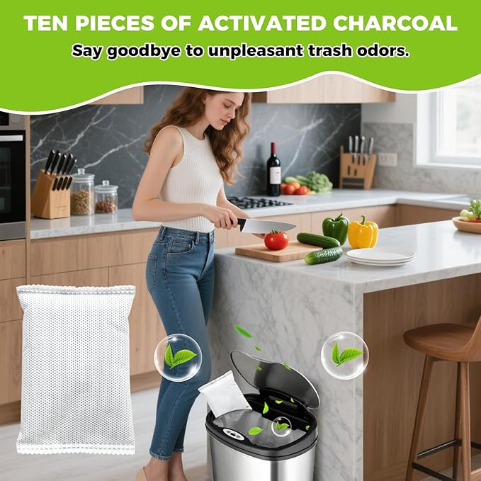 10-Pack (1.2 Pounds) Activated Charcoal Odor Absorber Filter Refills Compatible with iTouchless Trash Cans, Charcoal Odor Absorbing Bags, Each 4-Pack Fits 8-Gallon or Larger Trash Can