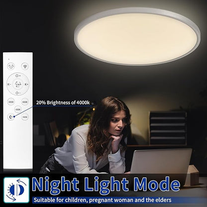 Modern 20'' Led Ceiling Light Fixture, Ultra Thin Flush Mount, Dimmable with Remote Control, 48W, 4800Lumen, Silver, Round, for Bedroom, Living Room, Kitchen, Dining Room, Home Office
