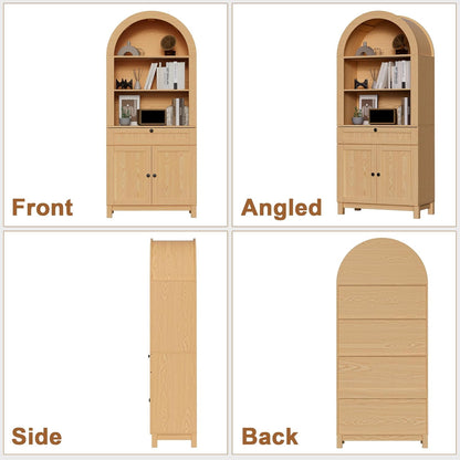 Arched Pantry Cabinet, 71" Kitchen Pantry Cabinet with Smooth Gliding Drawers and Adjustable Shelf, Wood Storage Cabinets Anti-Tipping, Modern Farmhouse for Living Room, Dining Room (Natural)
