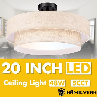 Hamilyeah 20 Inch Semi Flush Mount Round Ceiling Light Fixture, 48W LED With Fabric Shade, Dimmable Drum Double Layer 5CCT for Living Room, Office