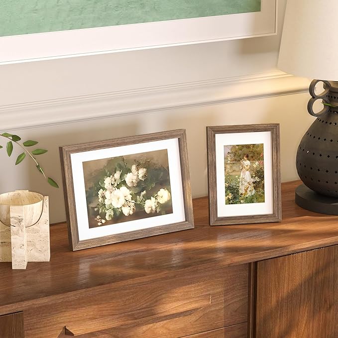KINLINK A5 Picture Frame, Brown Solid Wood Frames with Acrylic Plexiglass for Pictures 4x6 with Mat or A5 without Mat, Tabletop and Wall Mounting Display 4 Pack