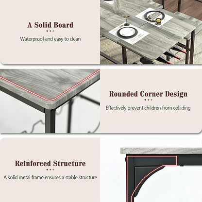 4 EVER WINNER Dining Room Table Set for 4, 55" Kitchen Table Set with Storage Shelf, Wine Rack & Wine Glasses Holder, Dining Table Set with 2 Chairs and Bench for Dining Room, Kitchen, Grey