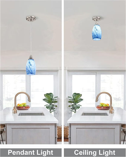 Mini Pendant Lights Kitchen Island White Blue Glass Lamp Shade Hand Blown Glass Pendant Light with Brush Nickel Finish Adjustable Cord for Kitchen Over Sink Hallway,Dining Room,Stairs Way