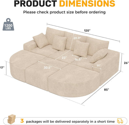120" Oversized Round Sofa Bed, Modular Sectional Cloud Couches for Living Room, Convertible Corduroy Couch Sleeper Sofa Set, No Assembly Required, Khaki 1 PCS