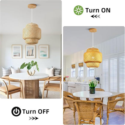 11.8inch Bamboo Pendant Light, Boho Chandelier Hand-Woven Wicker Rattan Hanging Ceiling Lighting, Rustic Farmhouse Pendant Lamp for Kitchen Island, Dining Room, Bedroom, Living Room, Foyer