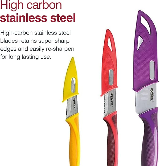 Zyliss 3 Piece Mini Santoku Knife Set with Sheath Covers, Stainless Steel/Pur...