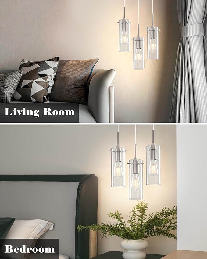 Glass Pendant Lights Kitchen Island 2 Packs, Brushed Nickel Pendant Light, Modern Clear Glass Pendant Light Fixture, Hanging Pendant Lights for Kitchen Island Dining Room Hallway