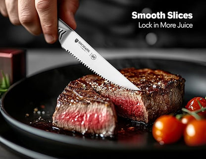 BRODARK Steak Knives Set of 6: 4.5 Inch Serrated Steak Knives - High Carbon Stainless Steel Kitchen Steak Knife Set - Never Need Sharpening - NSF Certified, Shark Series