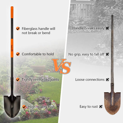Shovel for Digging, Metal Shovel with Long Fiberglass Handle, Heavy Duty Shovel for Digging, 58 Inches